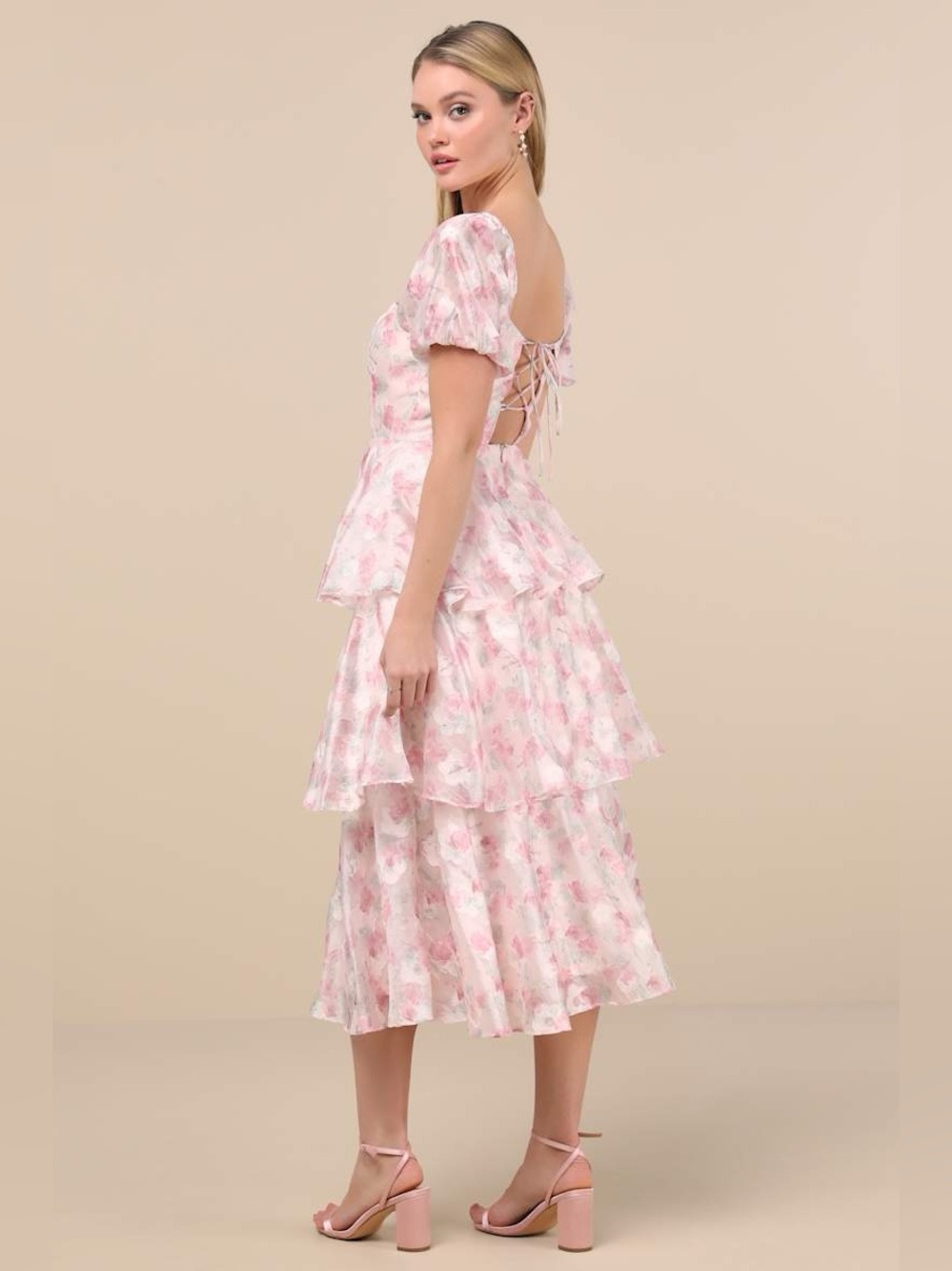 NEW LULUS Serah Blush Floral Organza Tiered Midi Dress